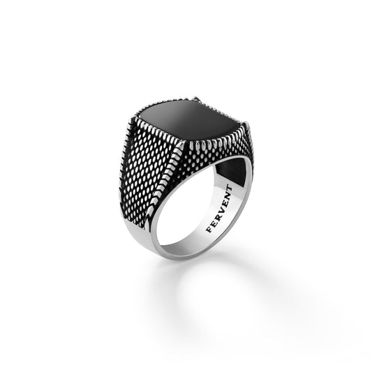Black Gem Silver Crown Ring - Right Side Standing