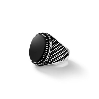 Black Gem Silver Rivet Ring - Left Side
