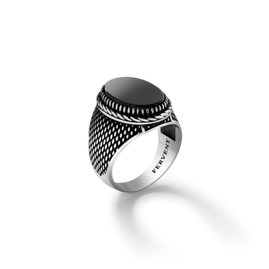 Black Gem Silver Rivet Ring - Right Side