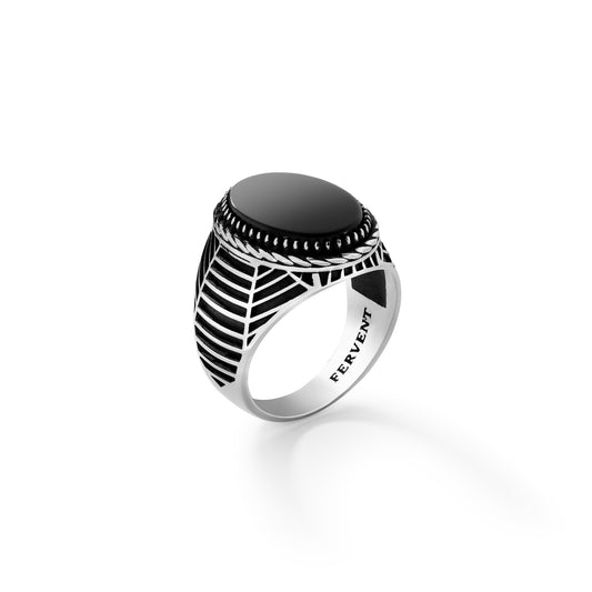 Black Gem Silver Spider Ring - Right Side