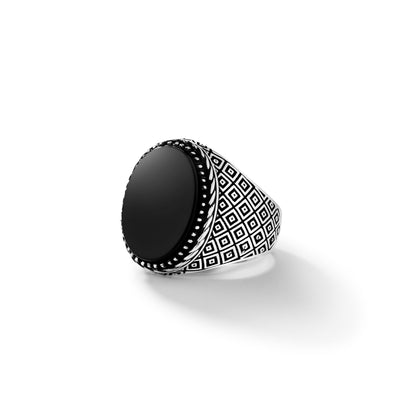 Black Gem Silver Tile Ring - Left Side