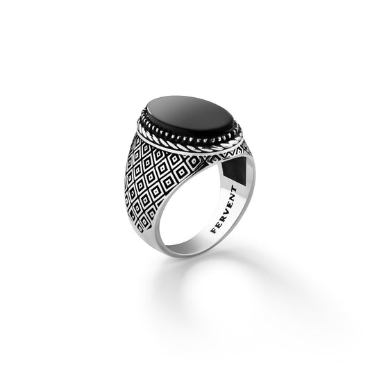Black Gem Silver Tile Ring - Right Side