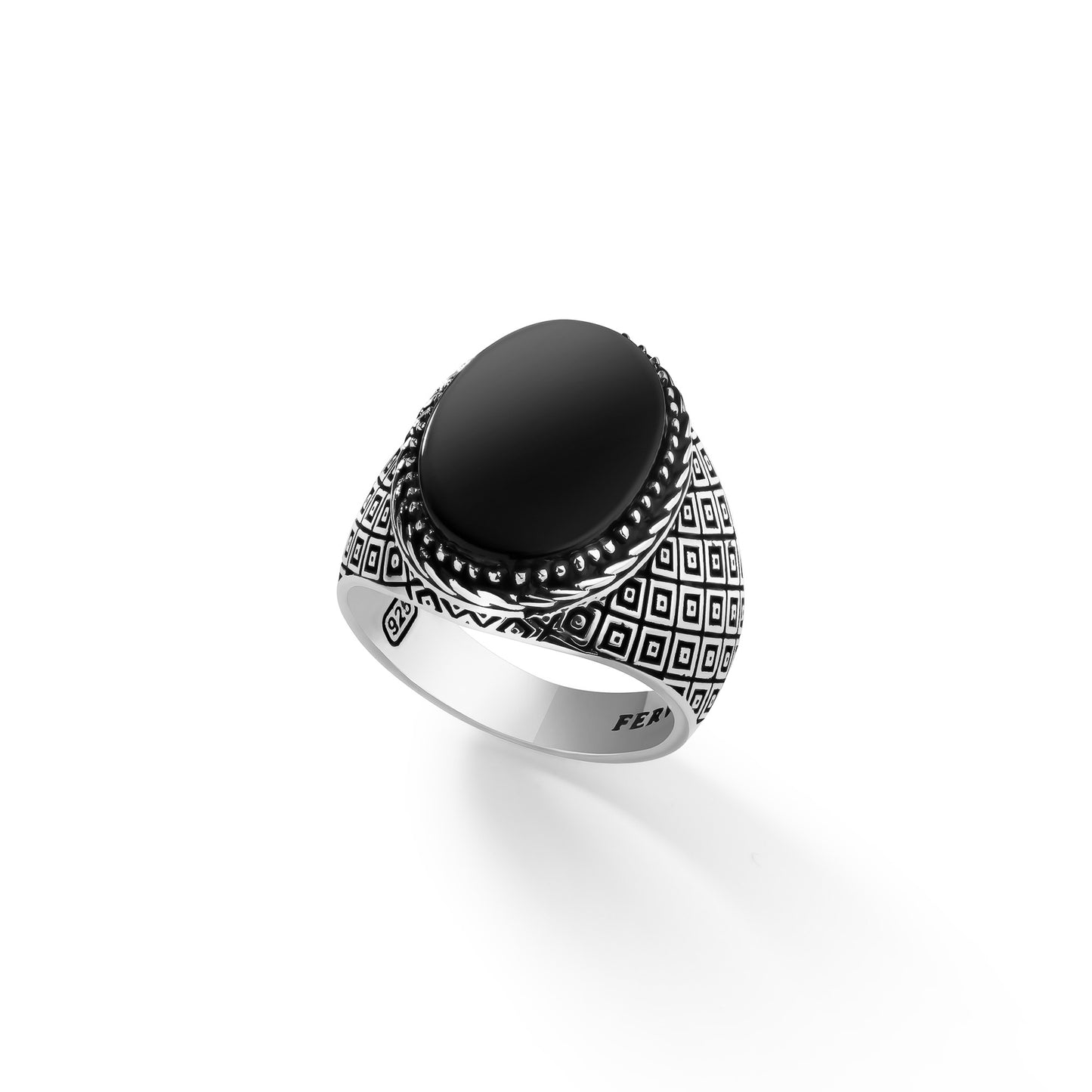 Black Gem Silver Tile Ring - Top Side