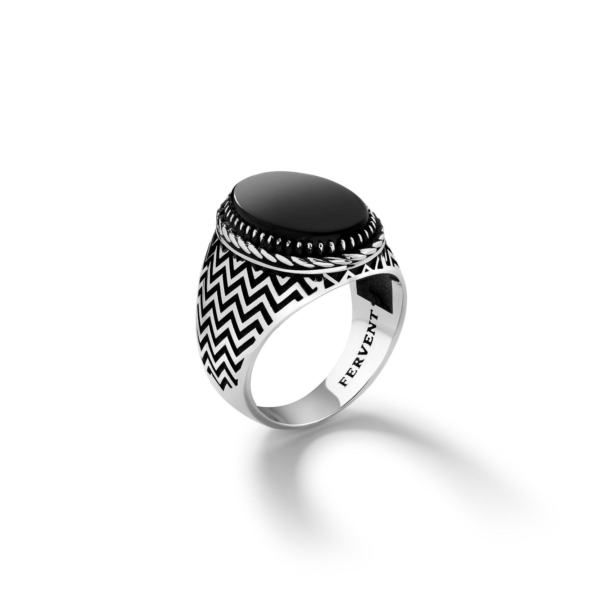 Black Gem Silver Wave Ring - Right Side