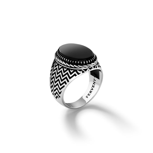 Black Gem Silver Wave Ring - Right Side